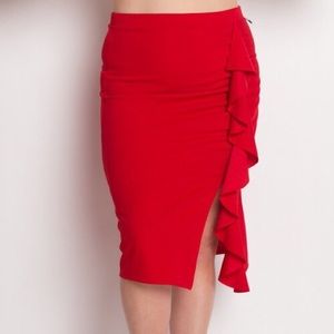 Red Pencil Skirt with side slit and ruffle accents